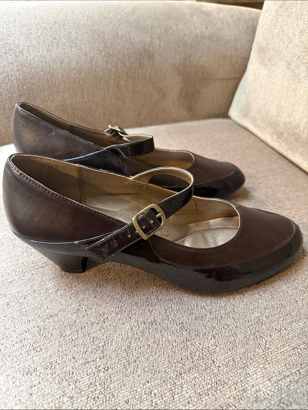 Soft Style Dark Brown Mary Jane Heels with Gold Buckle